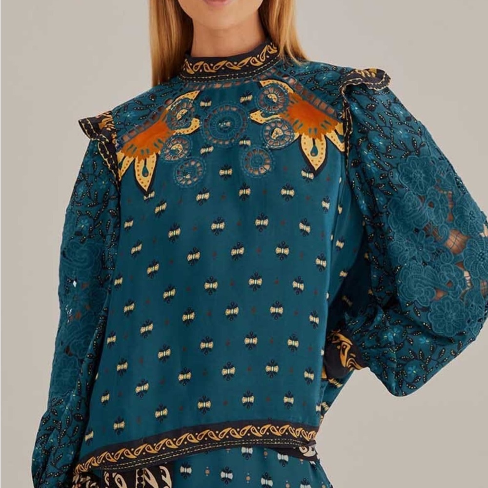NWT Farm Rio Blue Ainika Chill Long-sleeve Blouse